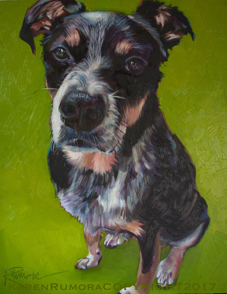 Dog Painting Oil Portrait Green Blue Healer Karen Rumora